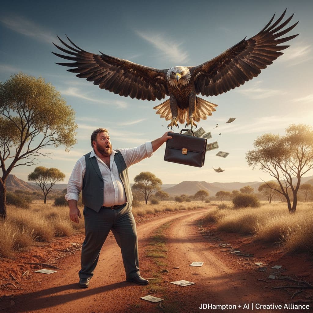 AI generated: Wildlife photograph captures the moment of a 130kg male fancy pants politician from Canberra travell...