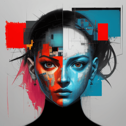 AI generated: female face, geometric abstract portrait, bright vibrant colorful, gritty, cybernetics, digital ui, ...