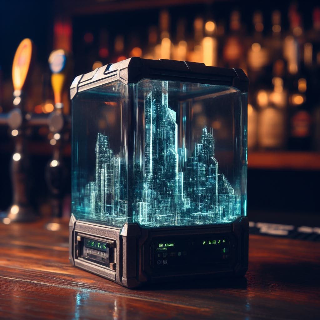 AI generated: Old glass cube with a cyber city inside of it, sitting on a bar top in a pub