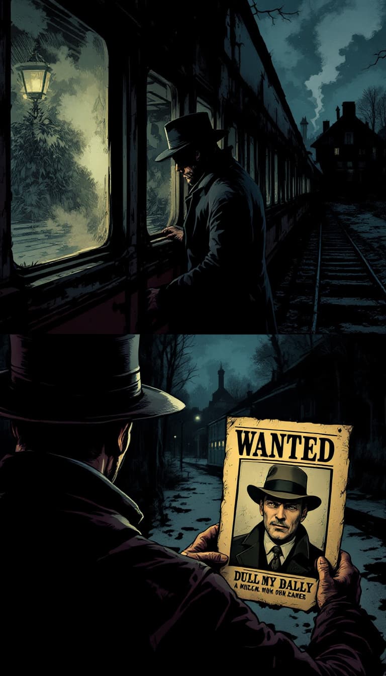 AI generated: An image in a Victorian Penny Dreadful comic style of a man boarding a train in a rural American Vic...