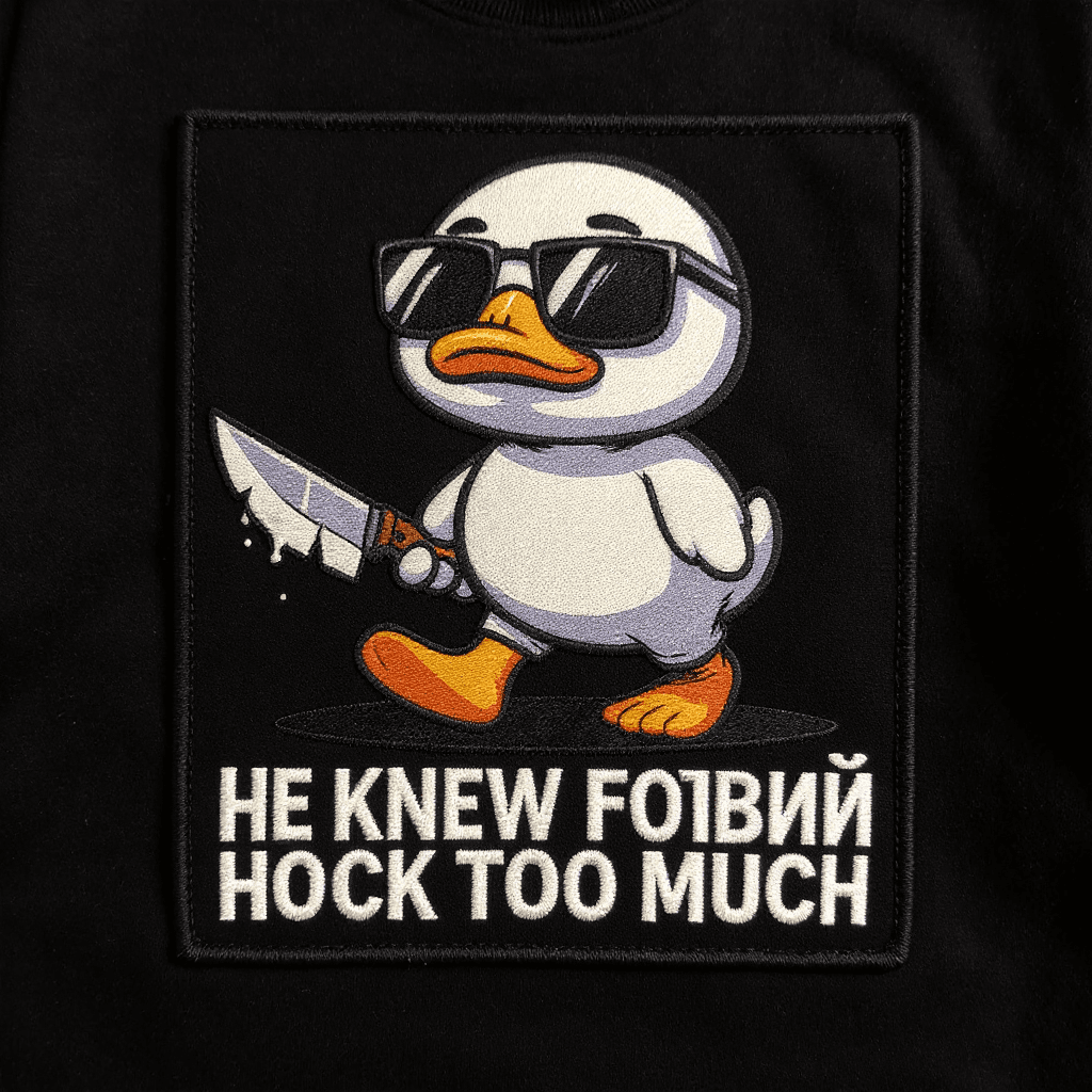 AI generated: An embroidered patch sewn onto a black cotton t-shirt mockup. The design features a cool stylized wh...