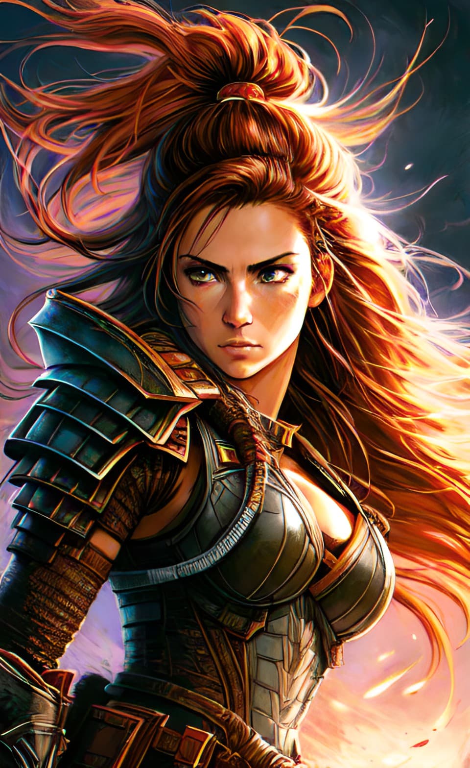 AI generated: A portrait of a female samurai warrior character, in action pose, rugged attractive, with long red m...