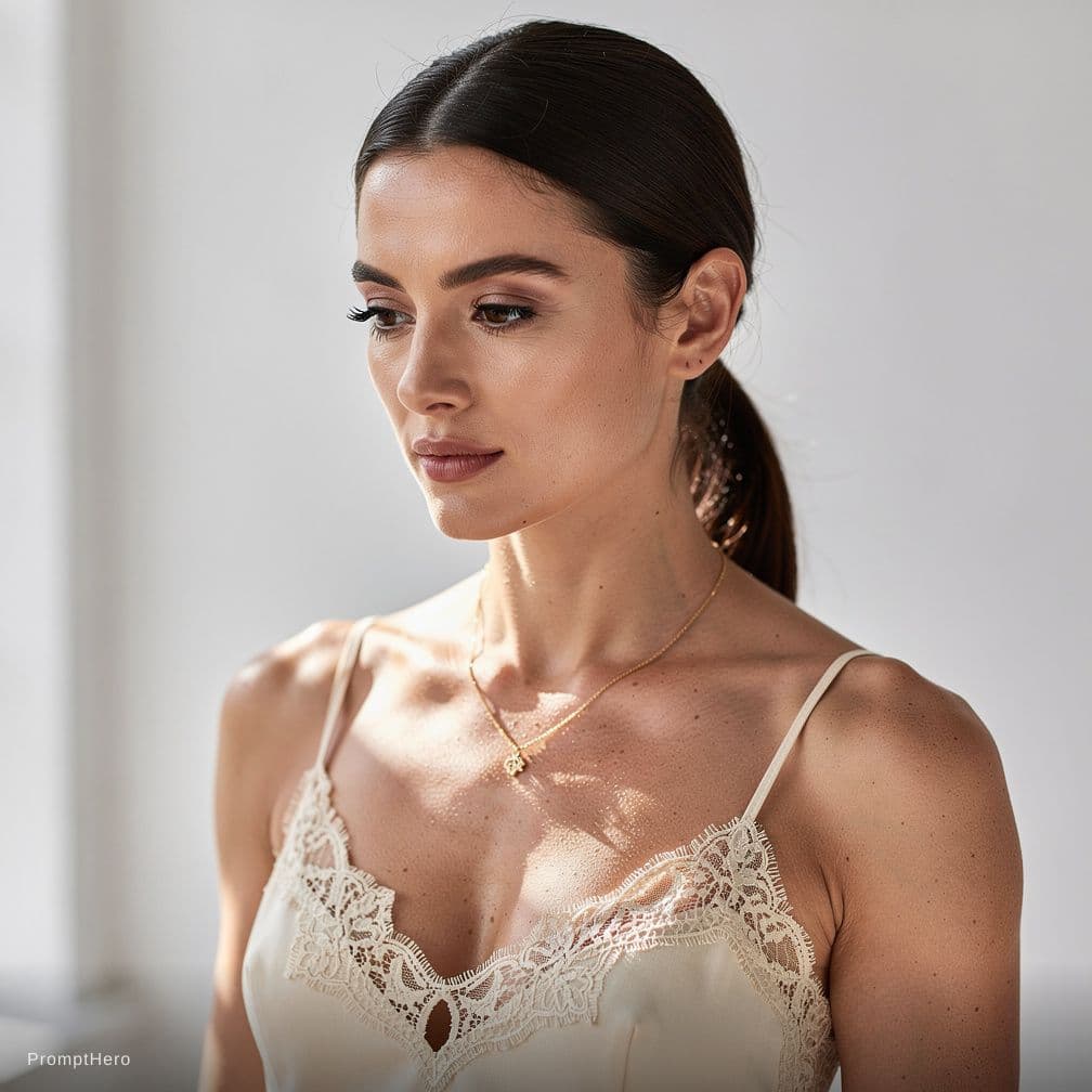 AI generated: Create a highly detailed, photorealistic image of a fit adult woman wearing a delicate cream-colored...