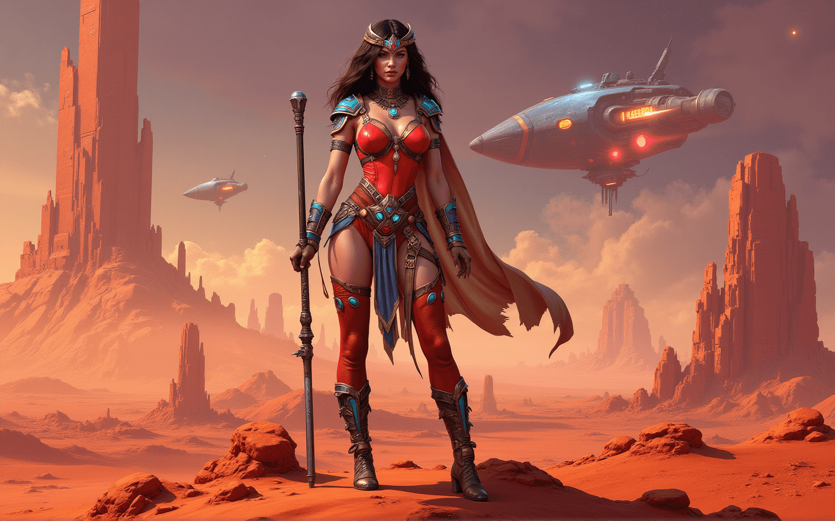 AI generated: Thuvia, Maid of Mars and Princess of Ptarth, from Edgar Rice Burroughs' Barsoom series. Thuvia shoul...