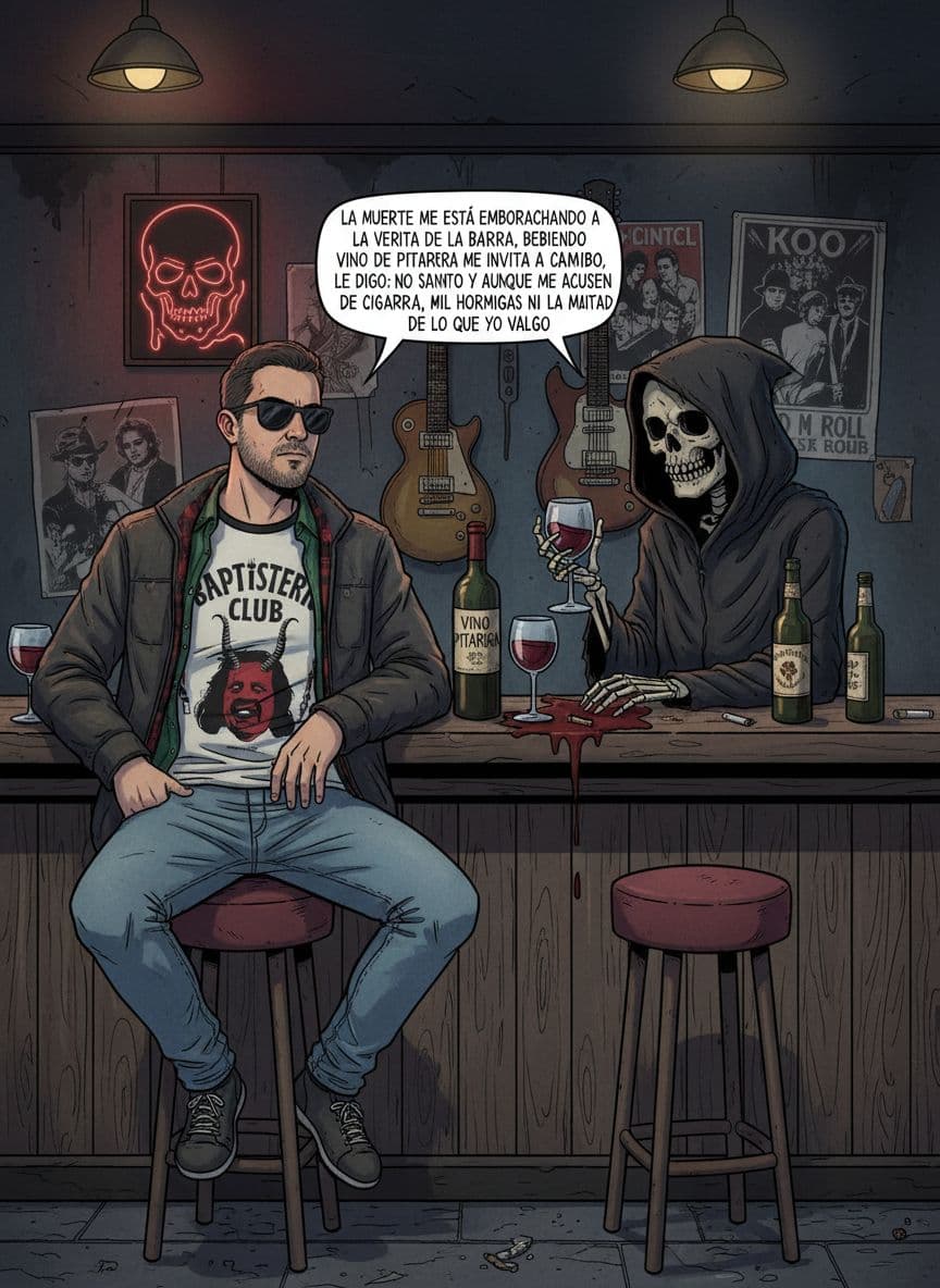 AI generated: Quiero que me des la imagen del tipo de referencia bebiendo con la muerte en un bar de rock and roll...