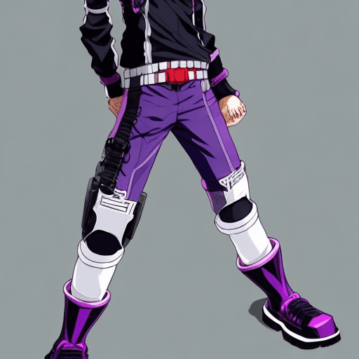 AI generated: Kohei Horikoshi, purple hair boy slight longish hair legit hair, my hero academia, right fake leg ro...