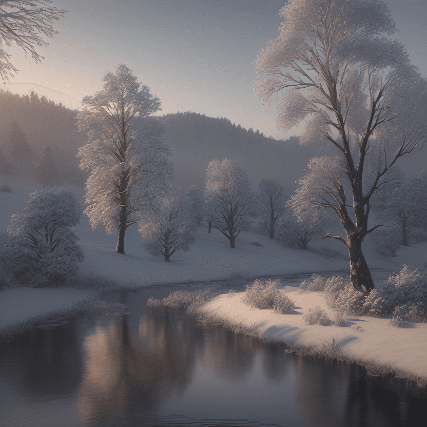 AI generated: photorealistic oil on canvas, 
riverbank, small trees, small hills
beautiful setting, winter,
foregr...