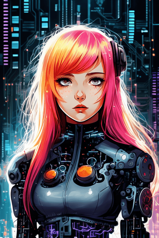AI generated: mj, 2d illustration of a cybernetic biochemical cyberpunk girl, (anime style:0.7), vibrant colors, e...
