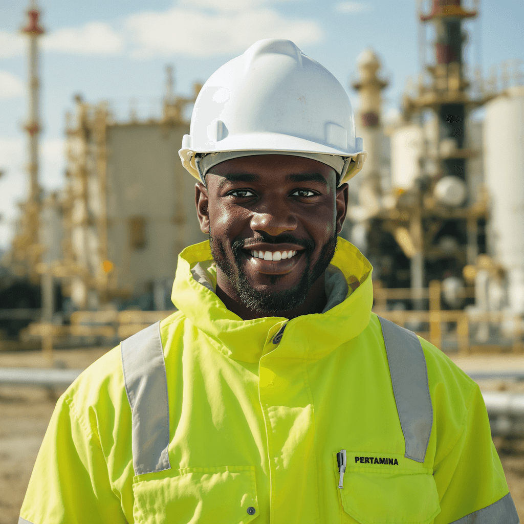 AI generated: A dark-skinned young man, with a fluorescent safety coverall (pertamina coverall 1:2) for oil and ga...