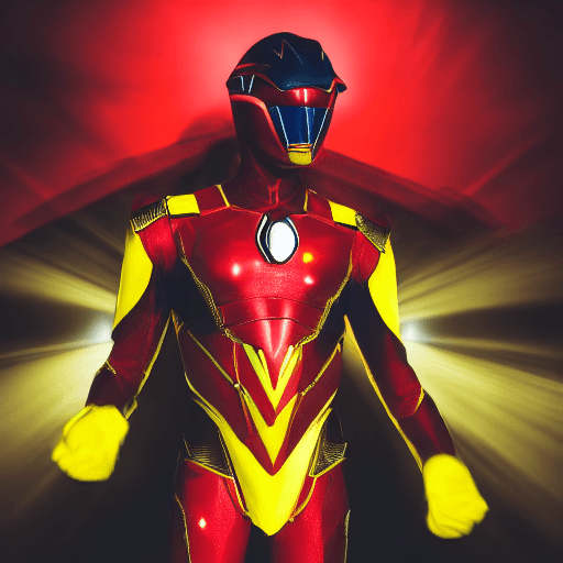 AI generated: a blackman in a red and yellow superhero suit  in a red power ranger helmet, is holding two sprays i...