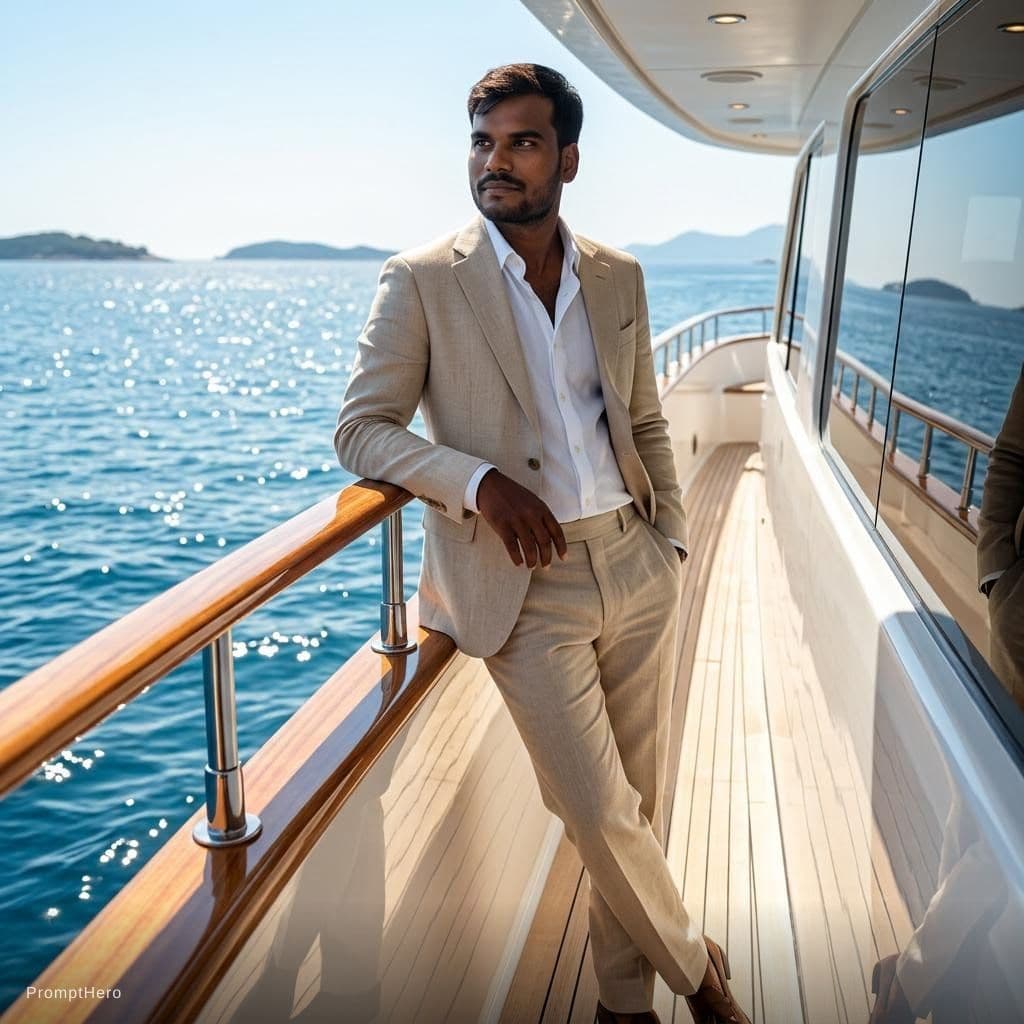 AI generated: Create a high-end fashion image of a male model wearing a tailored summer suit with an open shirt. P...