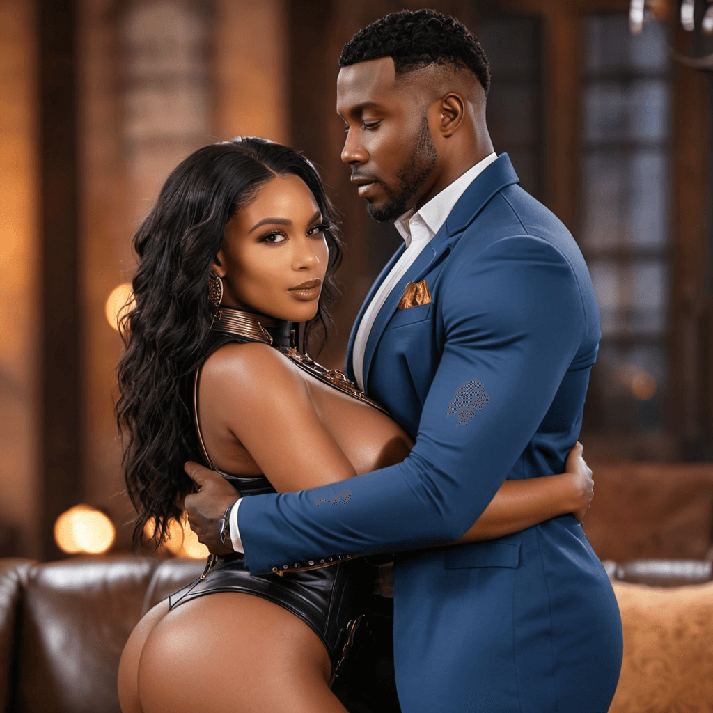 AI generated: A black man, holding a beautiful black American woman, bending her over a sofa epic Realism, masterp...