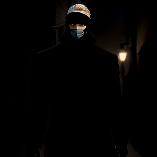 AI generated: A tall buff man, he is wearing a balaclava, blond lashes and brown eyes, he is wearing a long black ...