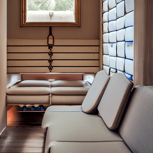 AI generated: High resolution photography interior design, dreamy sunken living room conversation pit, wooden floo...