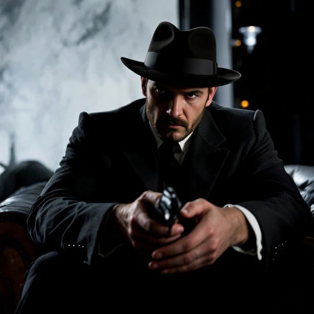 AI generated: nje foto i veshur si peaky blinders te ket zjarr dhe disa njerz mbrapa
