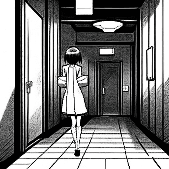 AI generated: A woman standing in a hallway next to a table, a manga drawing by Sengai, anime aesthetic. official ...