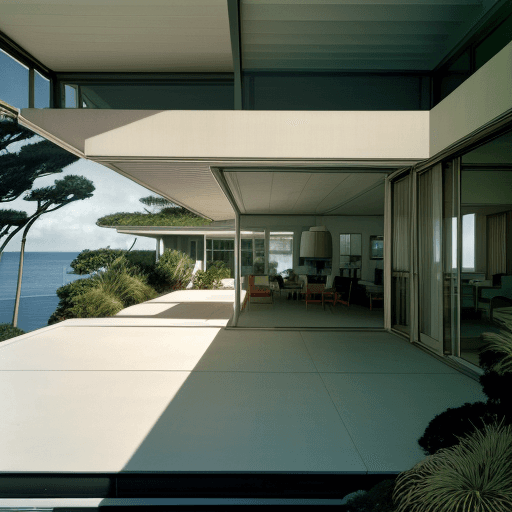 AI generated: Hyper realistic eye level exterior photo of a mid century modern style house overlooking the ocean, ...