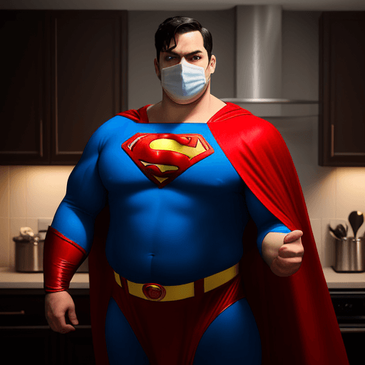 AI generated: The image features a man dressed as Superman, but with a noticeable belly fat. He is standing in a d...