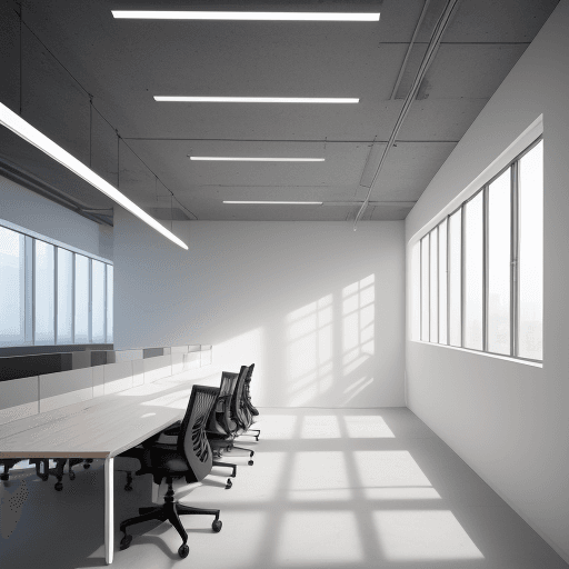 AI generated: photorealistic, perspective view, minimalist co-working space, bright finished and embient, elaborat...