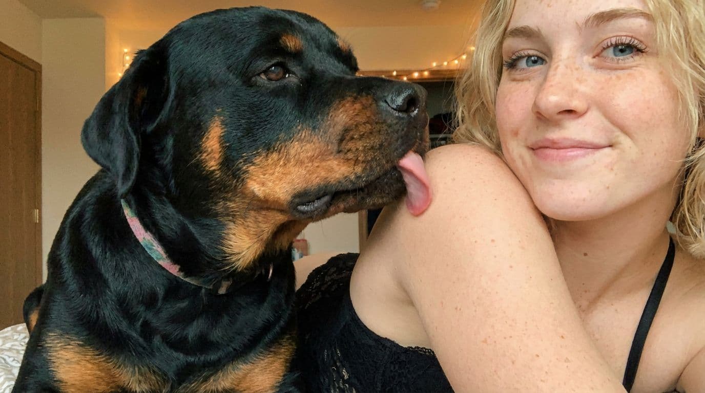 AI generated: dog licks girl's skin, zoom