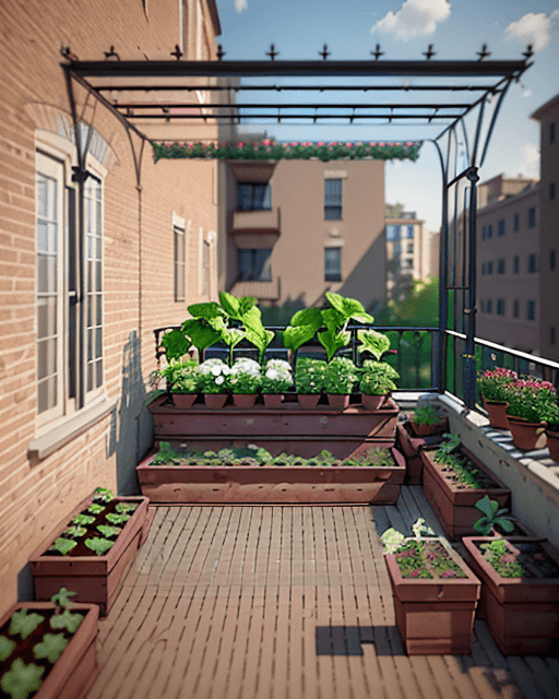 AI generated: SMALL VEGETABLE GARDEN ON THE BALCONY OF AN APARTMENT WITH BRICK FINISH AND PERGOLA Ultra realistic ...