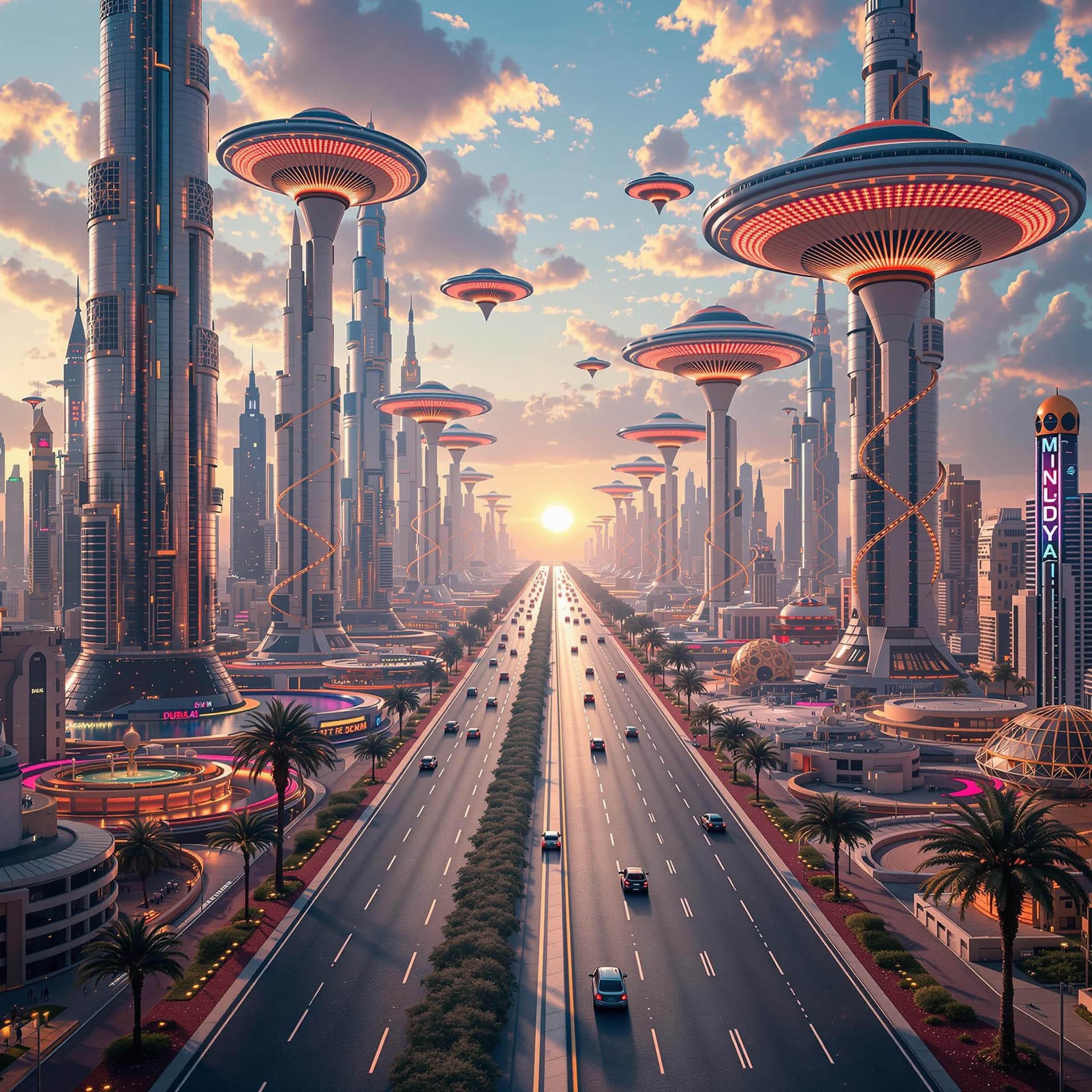 AI generated:  Psychedelic, surreal, High resolution photography, Dubai, 2004 years from now. flying saucers, Road...