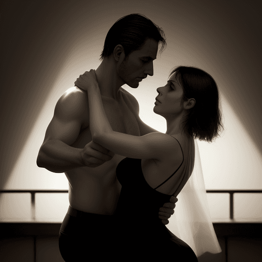 AI generated: RAW photo, low key, cinematic composition, couple in Tango Argentino pose, woman, man, rim light, so...