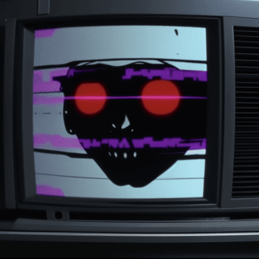 AI generated: evil lurking , 80s movie style, spooky vhs glitch on tv screen,