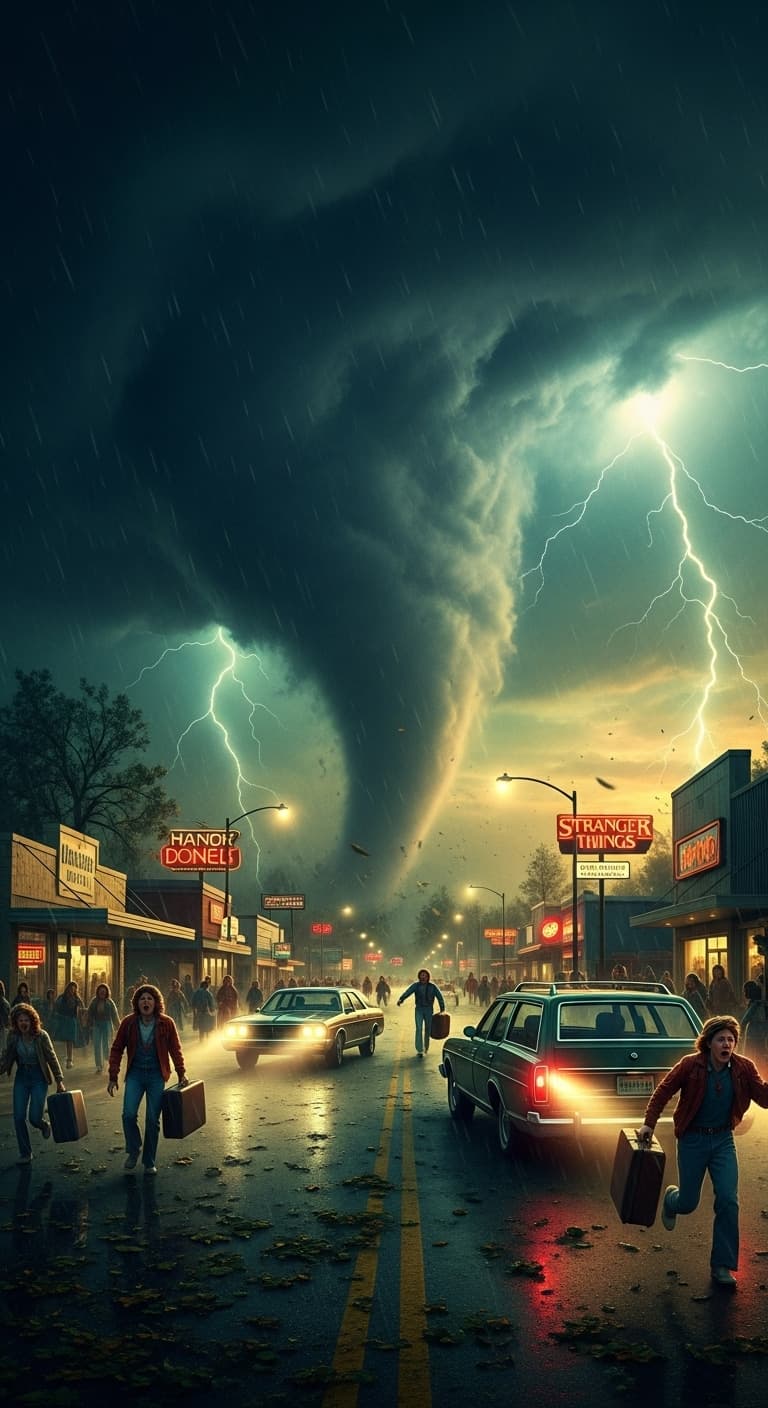 AI generated: a big storm approaches a town and people are evacuating in fear, chaos... in the style of stranger t...