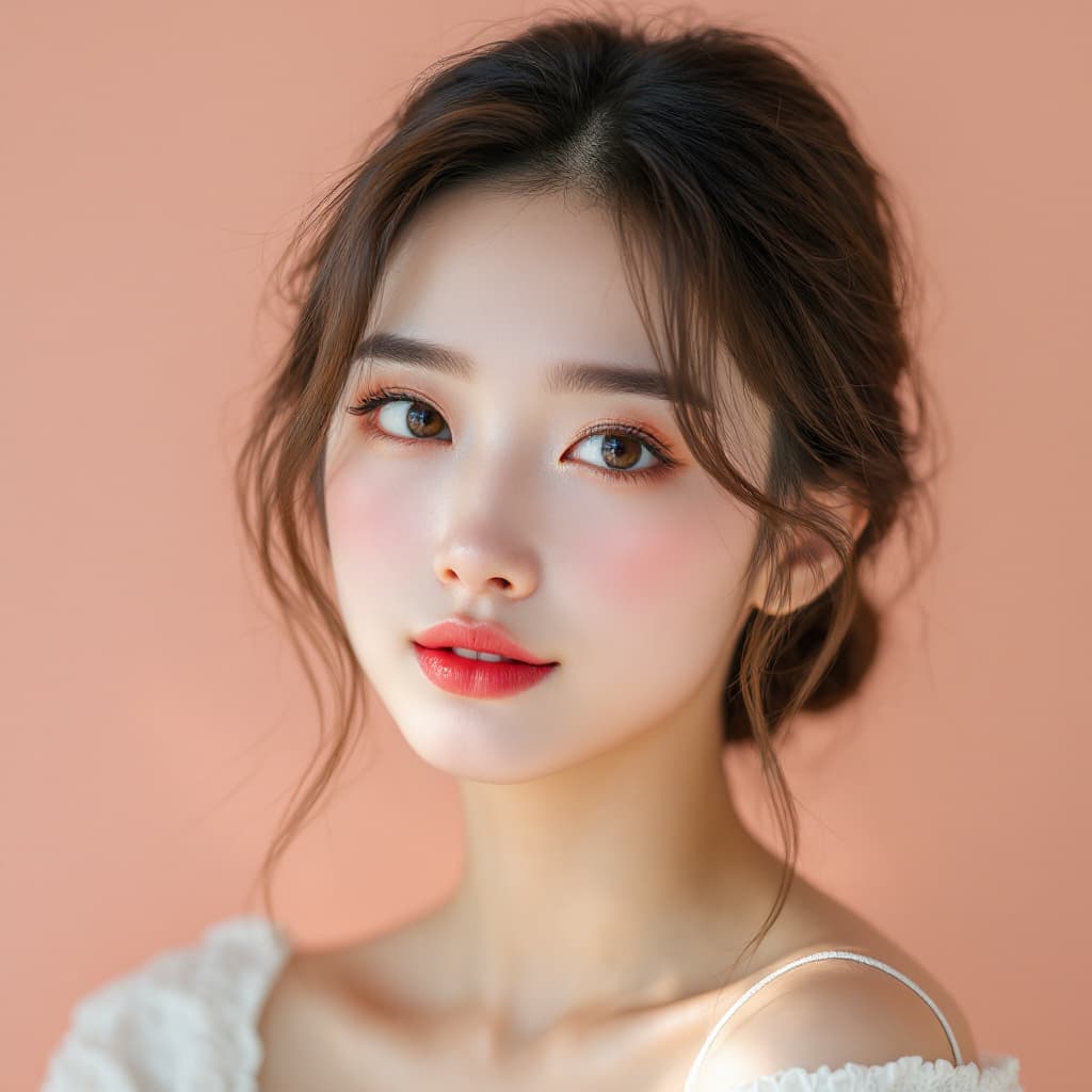 AI generated: A beautiful Chinese girl with brown hair in a low bun and light makeup, big eyes, peach pink backgro...