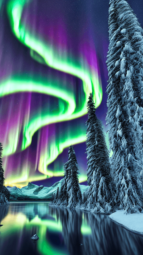 AI generated: british columbia, surrounded by mountains and nature, beautiful lakes and rivers, northern lights, v...