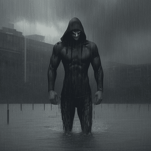 AI generated: Evil::1.5, ,Boss, in a rainstorm, swimming, flooding out, thunders in background, scary, look down