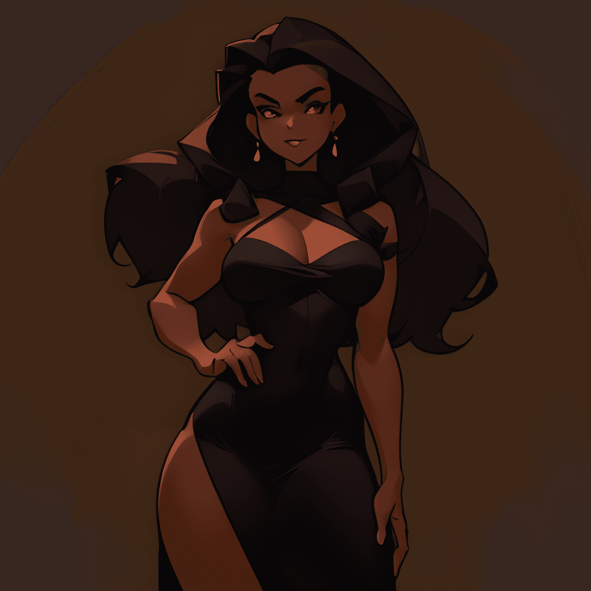 AI generated: a drawing of a woman in a black dress, a character portrait, tumblr, female disney villain, dark bro...