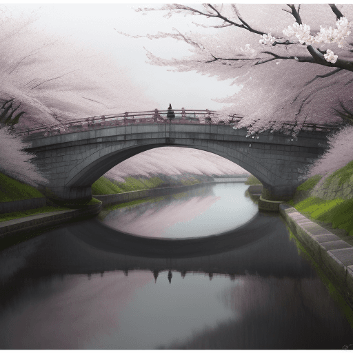 AI generated: For people walk the bridge under a large cherry blossom, in the style of atmospheric paintings, gray...