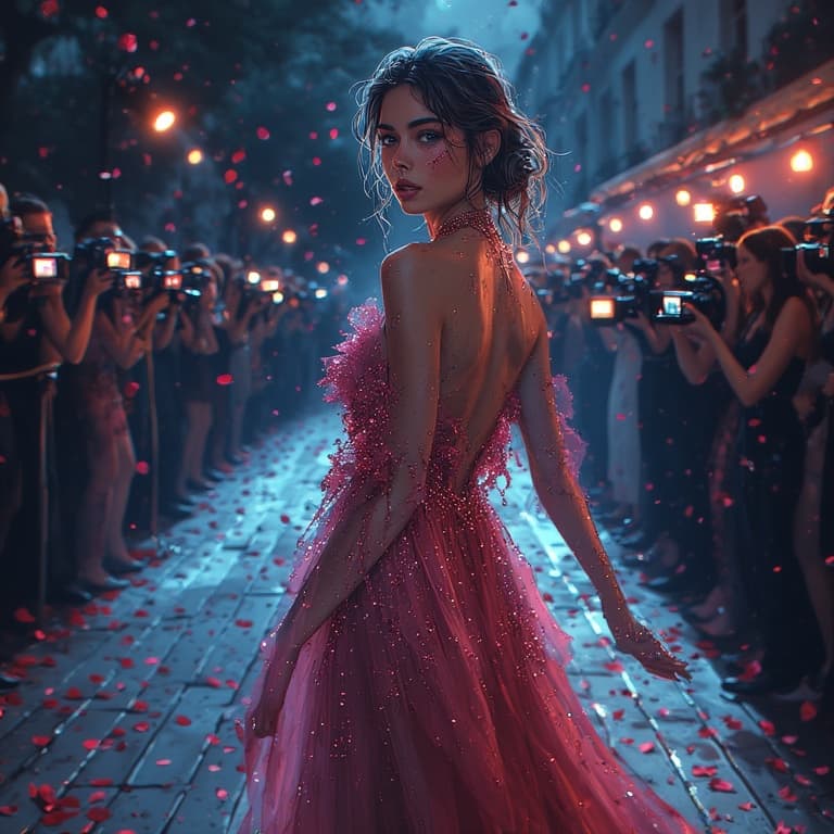 AI generated:  bright colour grading, muted colour grading, rear projection and create a glamorous, high-fashion v...