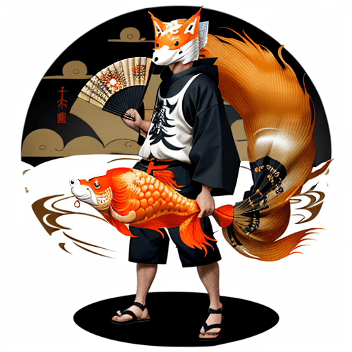 AI generated: a fisherman holding a huge fan tail goldfish. He is wearing a kitsune mask and dressed in a style re...