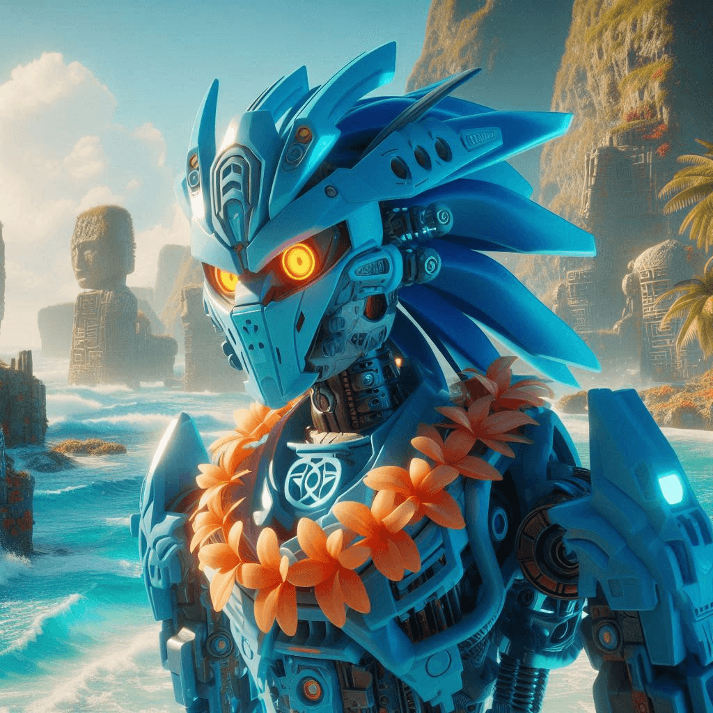 AI generated: Close-up professional 3D animation of an enigmatic blue anime Bionicle mecha cyberpunk Toa of Water ...