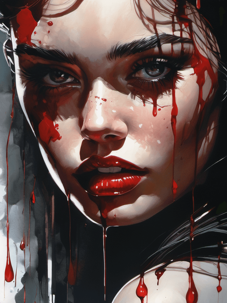 AI generated: blood drops on a narcissistic 17yo girl's face, shiny eyes, elegant, lovely, psychopathic, dark, dra...