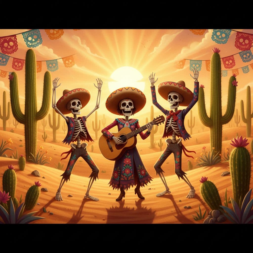 AI generated: Tres figuras en un desierto amplio con cactus: dos figuras con cuerpos de calavera, y una tercera fi...