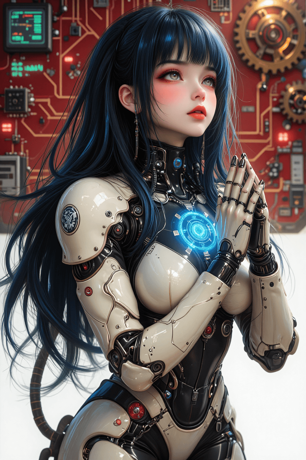 AI generated: A semi-realistic anime digital illustration of a beautiful young woman android with fair flawless po...