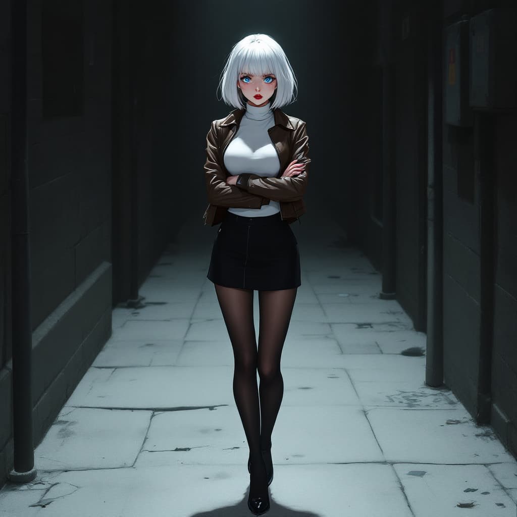 AI generated: anime, woman, white hair, bob cut, blue eyes, freckles, red lips, white turtle neck sweater, tight t...