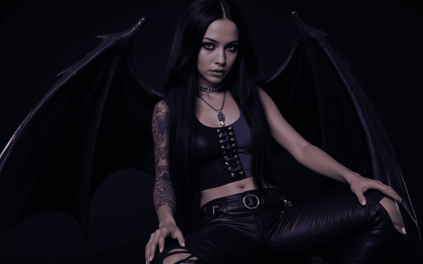 AI generated: In the heart of a mystical, moonlit landscape, a striking gothic woman stands as the central figure....