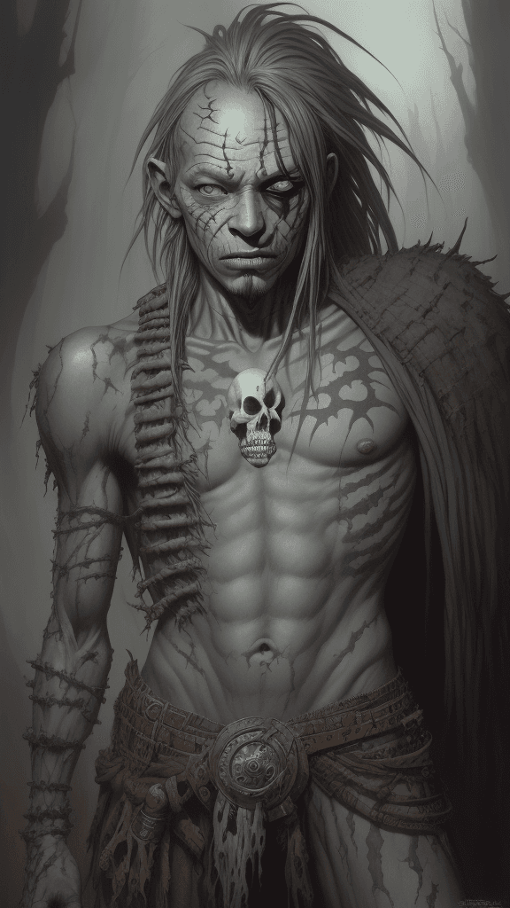 AI generated: one eyed tribal man with grey skin, covered in scars, scarring, wearing bones, fantasy art by Paul B...