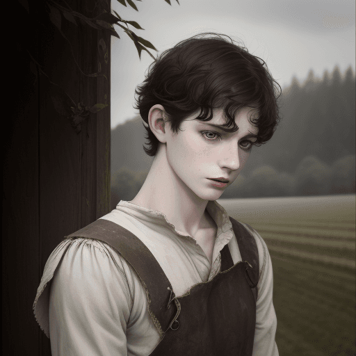 AI generated: High resolution, farm boy, young, pale skin, crow on shoulder, sad, short dark hair