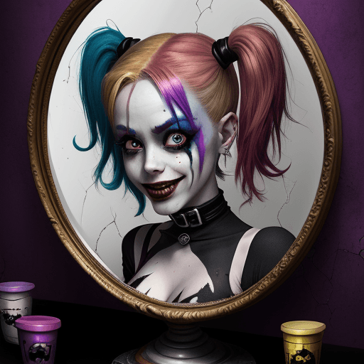 AI generated: "Harley Quinn, in the style of a Tim Burton illustration, gazing into a cracked mirror, chaotic back...
