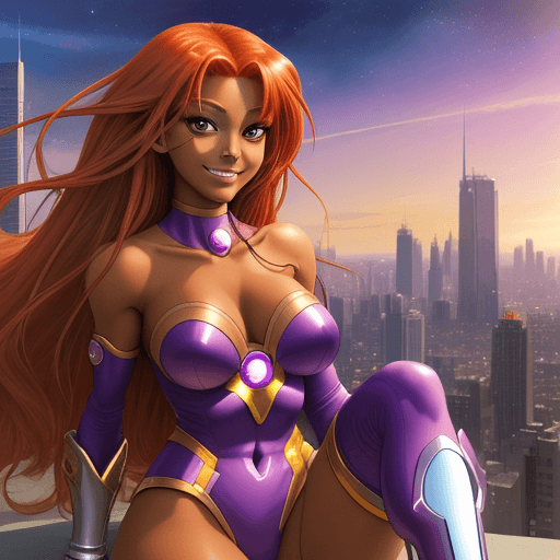 AI generated: Starfire, anime, masterpiece, best quality, tan skin, smile, city background