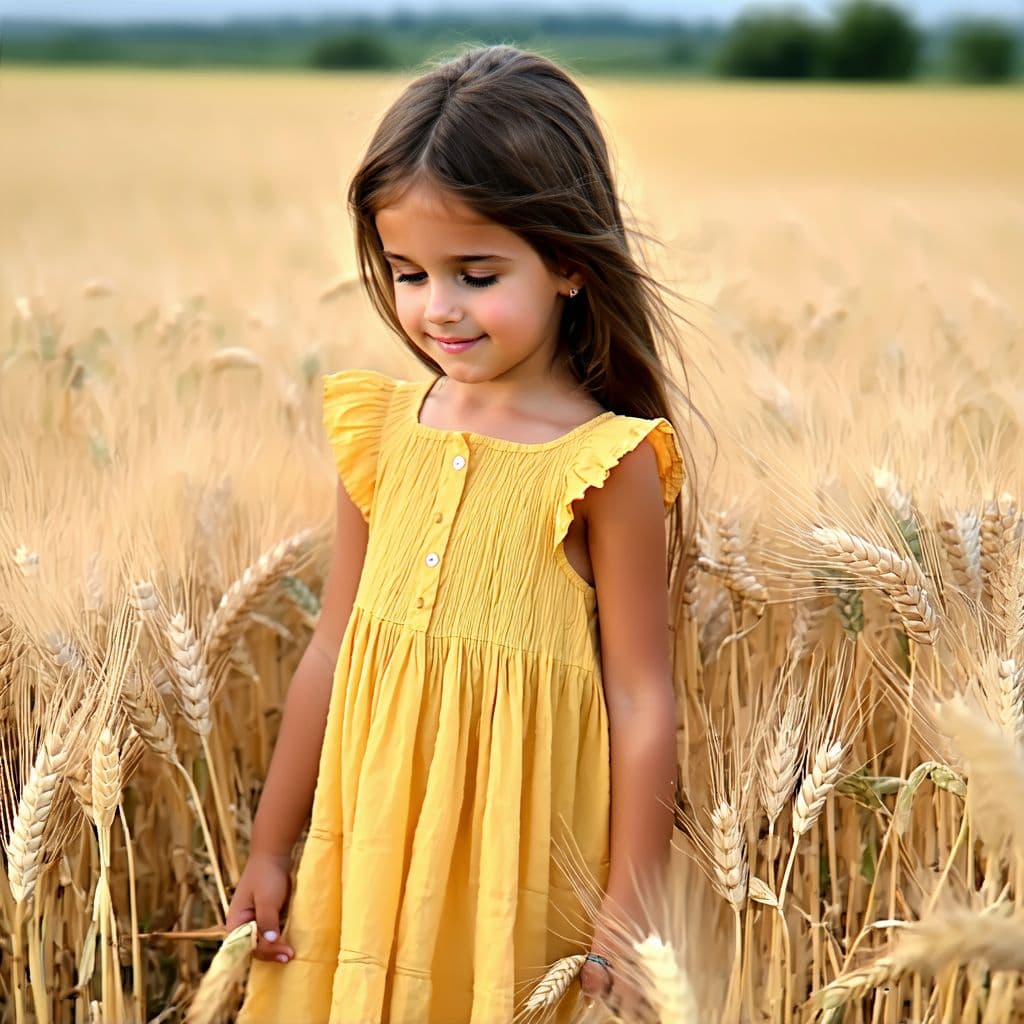 AI generated: A young girl in a yellow dress in a wheat field, looking slightly at the ground, beautiful face,dark...