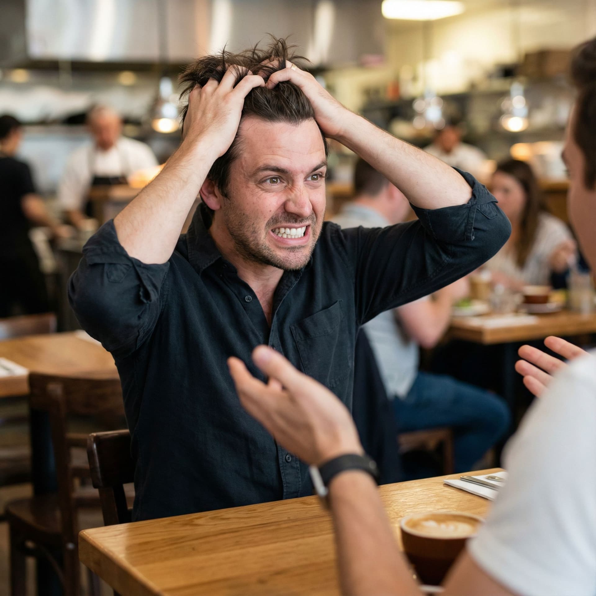 AI generated: good looking Business owner panicking with hands in hair in his restaurant and showing teeth, sittin...