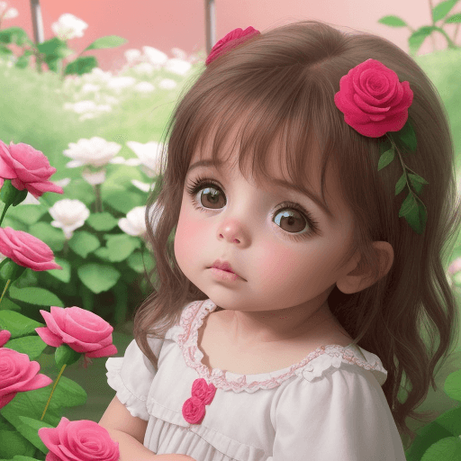 AI generated: una bebé de ojos celestes mirando a la cámara, atrás un jardín de rosas amarillas, rojas y blancas