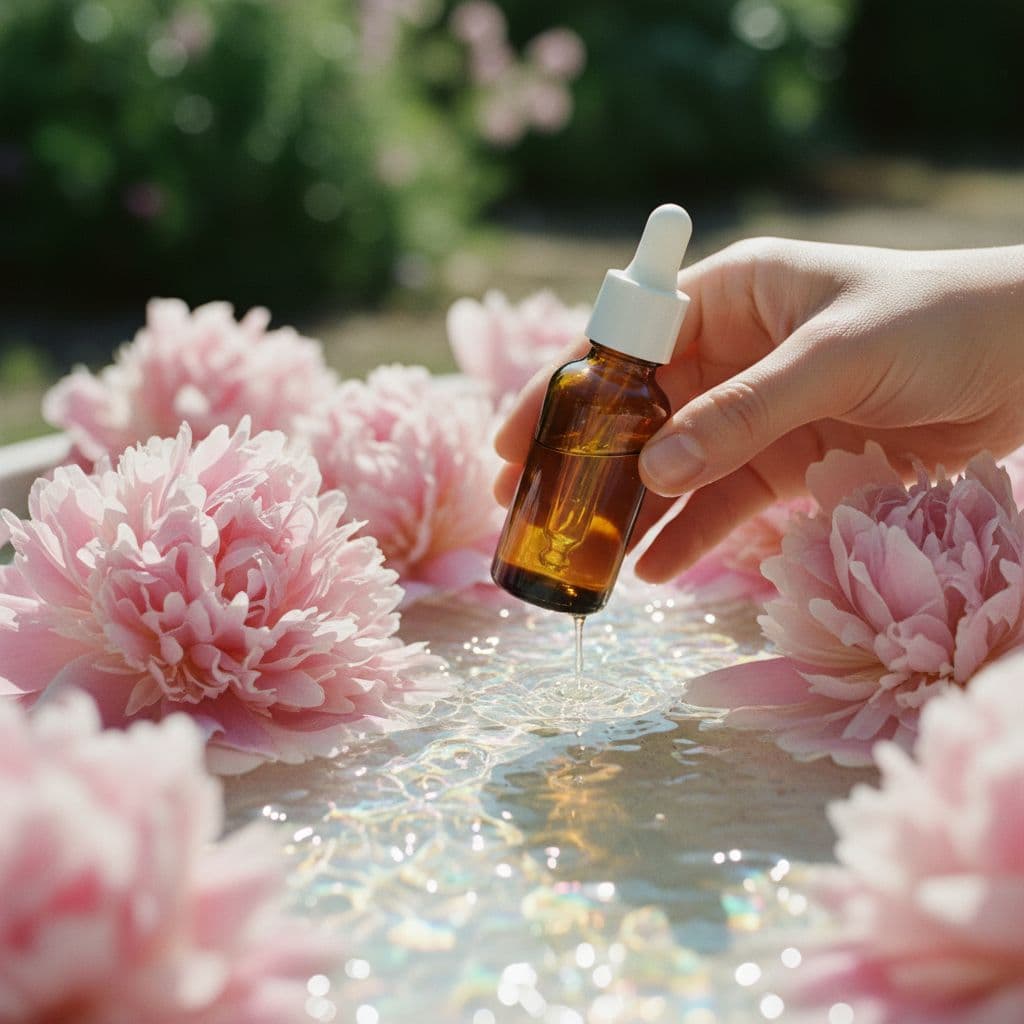 AI generated: Product photography, natural light. A hand holding an amber coloured face serum bottle with a white ...
